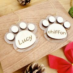 【名入れ】ワンにゃん肉球オーナメント*木×アクリル　　刻印 ネコ 猫 犬 いぬ プレゼント ギフト 透明 クリア ホワイト ツリー 飾り 綺麗 サンタ トナカイ 男の子 女の子 記念