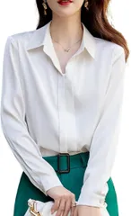 グリーンパキラ レディース ブラウス 長袖 きれいめ トップス シャツ 春 秋 冬 シャツブラウス スーツ インナー 襟付き Vネック 大きいサイズ オフィス 事務服 通勤 おしゃれ シンプル 無地 (ホワイト,  XL)