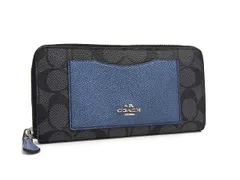 COACH コーチ シグネチャー レザー ラウンドファスナー 長財布 ウォレット 札入れ 小銭入れ ブラック系×ブルー系 DJ3649