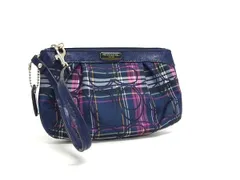 COACH コーチ シグネチャー ナイロン×レザー チェック柄 メイクポーチ 化粧ポーチ マルチケース ネイビー系×ピンク系 DJ1050