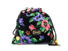 ■極美品■ FEILER フェイラー コットン100％ 花柄 フラワー 巾着 マルチポーチ マルチケース 小物入れ 化粧ポーチ ブラック系 DI6827