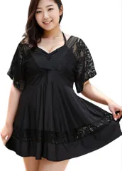 R-Dream レディース ワンピース 水着 大きいサイズ 体型カバー パット付き かわいい ビーチドレス カバーアップ リゾート ぽっちゃり レース オールインワン (2XL)