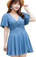 R-Dream レディース ワンピース 水着 大きいサイズ 体型カバー ぽっちゃり パット付き 可愛い ビーチドレス カバーアップ リゾート (ブルーL)