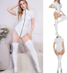 R-Dream ボディースーツ タイツ コスプレ セクシー キャットスーツ 光沢 レオタード 大きいサイズ ハイレグ エナメル風 レザー風 レースクイーン コスチューム 衣装 ハロウィン 仮装 (ホワイトXL)