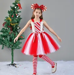 女の子 クリスマスドレス 赤白 ストライプ柄 配色 チュールワンピース 女の子 クリスマス サンタクロース コスプレ衣装 仮装 キャミソール 
