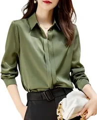 グリーンパキラ レディース ブラウス 長袖 きれいめ トップス シャツ 春 秋 冬 シャツブラウス スーツ インナー 襟付き Vネック 大きいサイズ オフィス 事務服 通勤 おしゃれ シンプル 無地 (カーキ,  S)