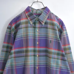 90〜00s Ralph Lauren ラルフローレン CLASSIC FIT BDシャツ 長袖 ポニー刺繍 マルチカラー チェック 紫 緑 青 ヴィンテージ ビンテージ USA アメリカ古着 メンズLサイズ