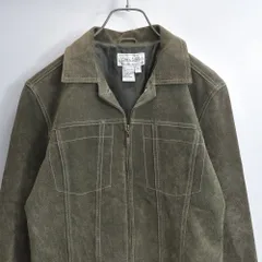 90s〜Y2K Live a Little ライブアリトル スエード レザー ジャケット トラッカー デザイン ジップアップ コントラストステッチ オリーブ カーキ 本革 ヴィンテージ ビンテージ USA アメリカ古着 レディースSサイズ