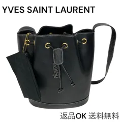 【返品OK】極美品 希少 YVES SAINT LAURENT イヴサンローラン YSLロゴ 巾着 ショルダーバッグ ブラック レザー 本革 シボ革 ポーチ 収納袋 箱付き オールド ヴィンテージ 【D】