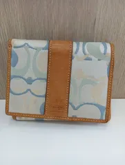 【中古品】 COACH コーチ シグネチャー柄 二つ折り財布 ライトブルー系 キャンバス×レザー 現状品