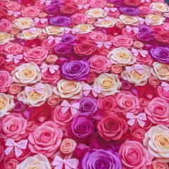 1㍍長　オレンジピンク＆パープルバラとリボンのプリント生地ハギレ布