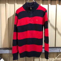 763 Polo by Ralph Lauren ハーフジップ セーター レッド ネイビー M ポロバイラルフローレン ボーダー柄 ニット コットン ワンポイント 刺繍ロゴ ポロポニー 古着卸 アメリカ仕入