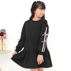 Bee【クーポン利用で20％OFF♪】ラインリボンワンピース◇ブラック地×ピンクライン◇韓国子供服 韓国子ども服 韓国こども服 キッズ 女の子 100 110 120 130 140 150