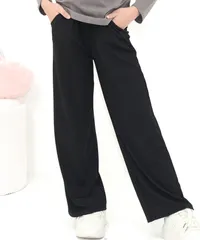 Bee【クーポン利用で20％OFF♪】リブ地ワイドパンツ◇ブラック◇韓国子供服 韓国子ども服 韓国こども服 キッズ 女の子 100 110 120 130 140 150