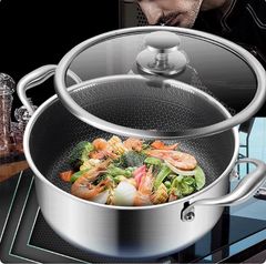 チタン製ハンマー仕上げスープ鍋、ダブルハンドル、ガスコンロ 24cm 蓋 