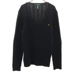 美品 LAUREN RALPH LAUREN ローレンラルフローレン 長袖 Vネック ケーブル ニット XL ブラック セーター レディース 古着