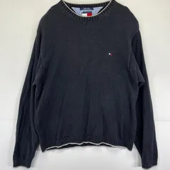 古着 トミーヒルフィガー TOMMY HILFIGER ニット コットンニット 大きいサイズ クルーネック ワンポイントロゴ 2XL  ブラック系 メンズ
