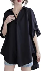 blue beryl ブルーベリル チュニック レディース スキッパーシャツ プルオーバー ビッグシルエット 五分袖 シフォン 裏地なし ヤワラカ ふわもち 洗濯可 ブラウス (ブラック,  XL)