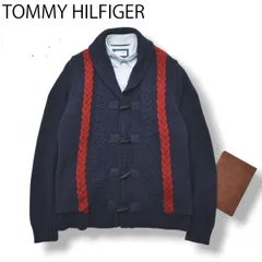 トミーヒルフィガー ショールカラー ニット カーディガン XL  紺 x 赤
