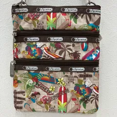 5860　LeSportsac　レスポートサック ショルダーバッグ　斜めがけバッグ　サコッシュ ポケット多数　多機能　機能的　ナイロン　軽量　レディース 総柄　ブラウン系　ハワイ限定　ハイビスカス　サーフィン