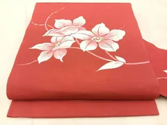 平和屋着物◎塩瀬　九寸名古屋帯　手描き　紬地　草花文　金彩　正絹　逸品　BAAV6606yc