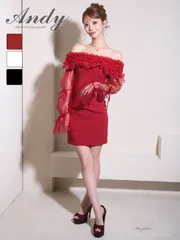 レッド[OF05] [ON2954-R-2509]【ANDY/アンディ】 ギャザーフリル/ 2way/ 袖付き/ ロングスリーブ/ オフショル/ シアー/ チュール/ タイト/ ミニドレス/ キャバドレス