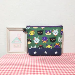 大きめポーチ（カラフル猫ちゃん＊グリーン✕ネイビースター）
