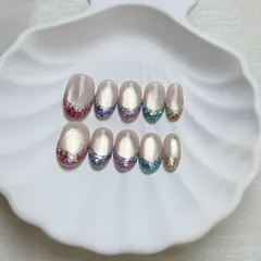 【新春SALE】OHMI GALLERY ラメフレンチ マグネットネイル ショートオーバル 100％ハンドメイド 男女兼用 NTSOMFaya 彩