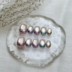 【新春SALE】OHMI GALLERY ラメフレンチ マグネットネイル ベリーショートラウンド 100％ハンドメイド 男女兼用 NTVRMFaya 彩