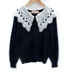 ロペピクニック ROPE Picnic ニット セーター 長袖 ラウンドネック 付け衿 レース 刺繍 38 M 紺 ネイビー /SM5