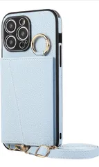 iPhone 14 Pro レザーケース、フリップウォレットファッションケース、斜めショルダーストラップとミラービジネスカバー付き、ブルー