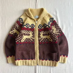 90s　vintage　ヴィンテージ古着　Country Song PLEBO　ウール　ジャガードニット　フルジップアップ　短丈カーディガン　肉厚カウチン　トナカイ　フェアアイル　ネイティブ柄　へちま襟　ショールカラー　アメカジ　cowichan sweatr