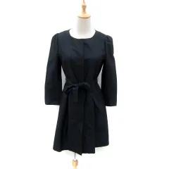 ボールジー BALLSEY トゥモローランド ワンピース ひざ丈 長袖 ラウンドネック 無地 リボンベルト 38 M 紺 ネイビー /SY44