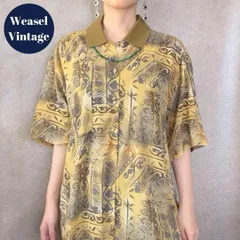 ヴィンテージ レトロ古着 ポロ襟総柄オーバーサイズシャツ 半袖 エスニック