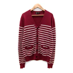 エムケーミッシェルクランオム MK MICHEL KLEIN HOMME ニットカーディガン ミドル丈 Vネック ボーダー柄 46 S ボルドー 白 ホワイト /SY32