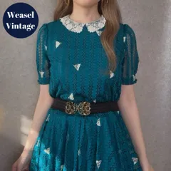 ヴィンテージ レトロ古着 白レース襟▲柄ワンピース 半袖 ブルーグリーン系