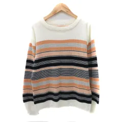 ドレスキップ DRESKIP ニット カットソー 長袖 マルチボーダー柄 L 白 ホワイト 黒 ブラック /YK26