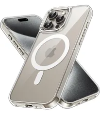 iPhone 15 Pro 6.1インチ用 マグネット ケース MagSafe ワイヤレス充電対応 衝撃吸収 バンパーカバー 傷つけ防止 透明バック (クリア)