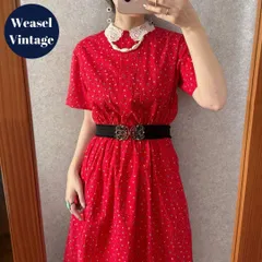ヴィンテージ 昭和レトロ古着 お花レース白襟 マルチドットワンピース 赤 半袖
