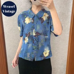 ヴィンテージ レトロ古着 花柄ブラウス 青 金縁ボタン 半袖