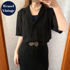 ヴィンテージ レトロ古着 花柄刺繍オープンカラーブラウス シアー感 半袖 黒