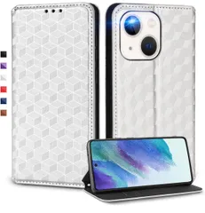 iPhone 14 Plus 対応手帳型ケース 高級合皮 カード収納 マグネット開閉 スタンド機能 ストラップホール付き TPUソフトバンパー 全面保護 カメラ保護 衝撃吸収 ビジネス おしゃれ カバー(シルバー) N1