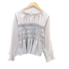 マジェスティックレゴン MAJESTIC LEGON ブラウス カットソー ラウンドネック 長袖 フレアスリーブ チェック柄 切替 M ライトピンク グレー /HO14