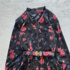 昭和レトロ 花柄　長袖ワンピース　ブラック　ベルト付き　フリルネック　ab
