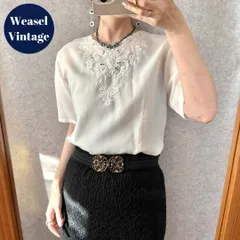ヴィンテージ レトロ古着 刺繍デザインノーカラーブラウス 白 半袖 後ろボタン