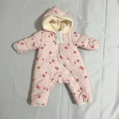新品未使用 タグ付き バースデー サイズ70 女の子 イチゴ柄 ピンク ジャンプスーツ カバーオール ロンパース 防寒着 冬 可愛い もこもこ