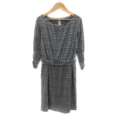 23区 オンワード樫山 ワンピース ミニ丈 七分袖 ラウンドネック チェック柄 千鳥格子柄 32 黒 ブラック 水色 /YS16