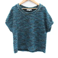 グローブ grove ニット カットソー 半袖 ラウンドネック ブークレ ウール混 L ブルーグリーン /SM13