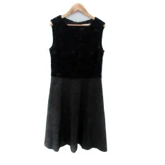 エムプルミエ ブラック M-Premier BLACK ワンピース ラウンドネック ノースリーブ ひざ丈 レース 切替 38 M チャコールグレー 黒 ブラック /HO38