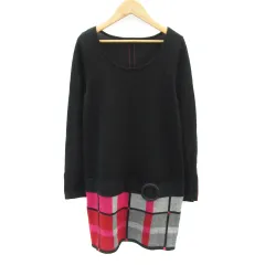 メイソングレイ MAYSON GREY ニットワンピース ひざ丈 長袖 チェック柄 切替 ウール混 2 ブラック 黒 /YM22